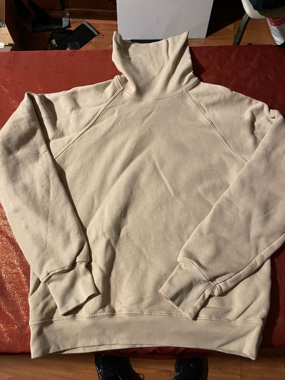 LES TIEN Hoodie Womens M Sherpa Lined Turtleneck Pullover Cozy Fleece Beige